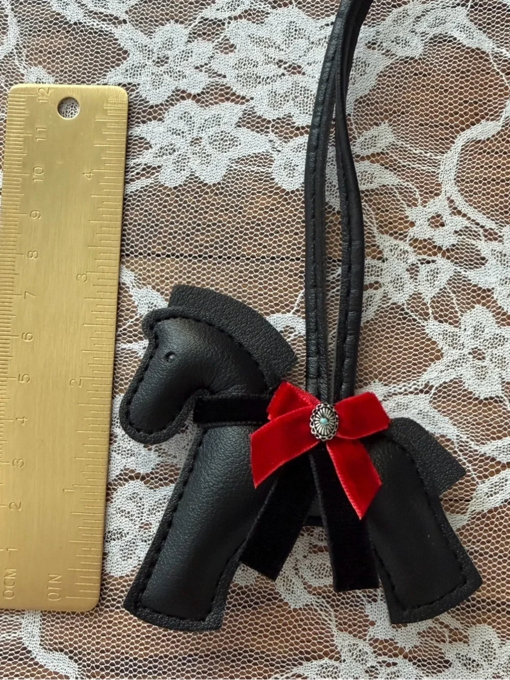 Black Faux Leather Horse Bag Charm with Red Velvet Bow, Western Bead